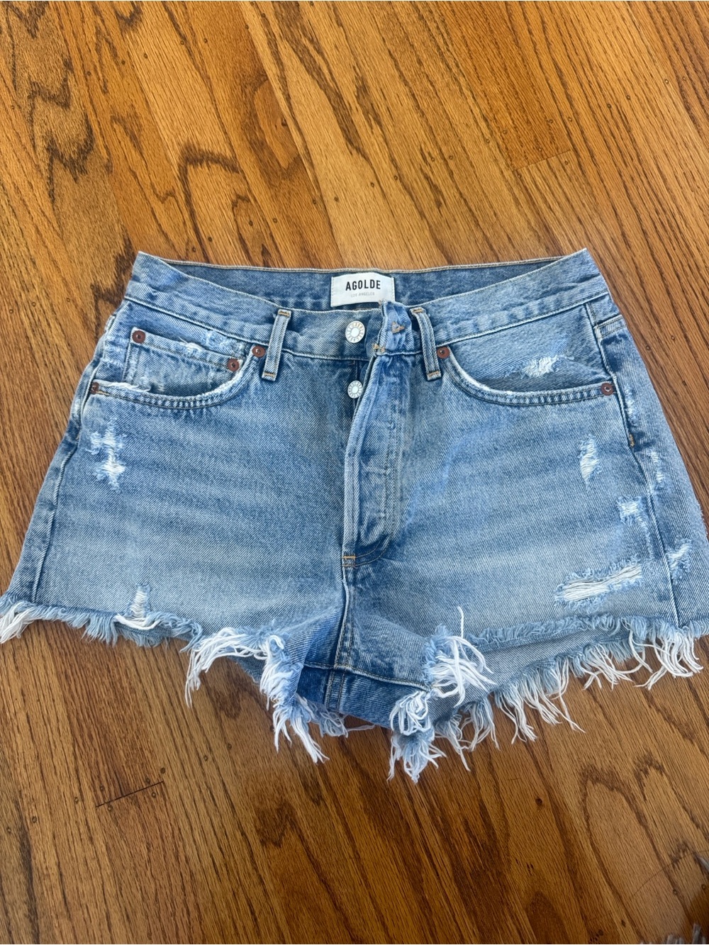 Agolde Parker Light Blue Distressed Denim Cutoff Shorts